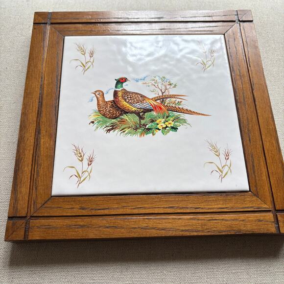 Vintage Quail Pheasant Wood Frame Ceramic Tile Wall Decor Plaque Porcelain 8.5" - Picture 5 of 6